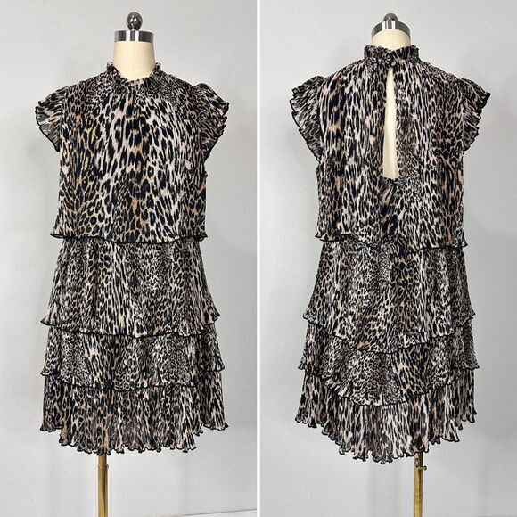 AllSaints Antheia Kiku Plissé Leopard Print Dress US10 Tiered Ruffle Rocker Chic - Picture 5 of 14